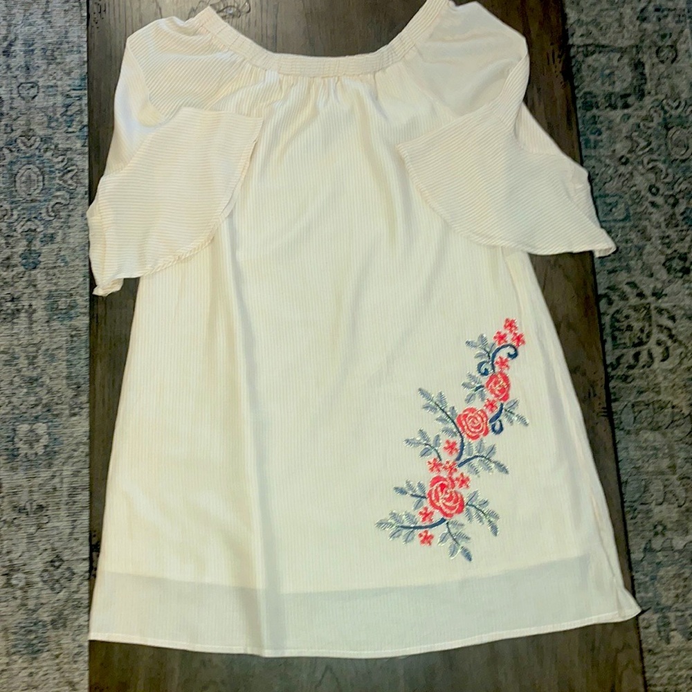 Cotton tan pin striped off shoulder midi dress with flower appliqué